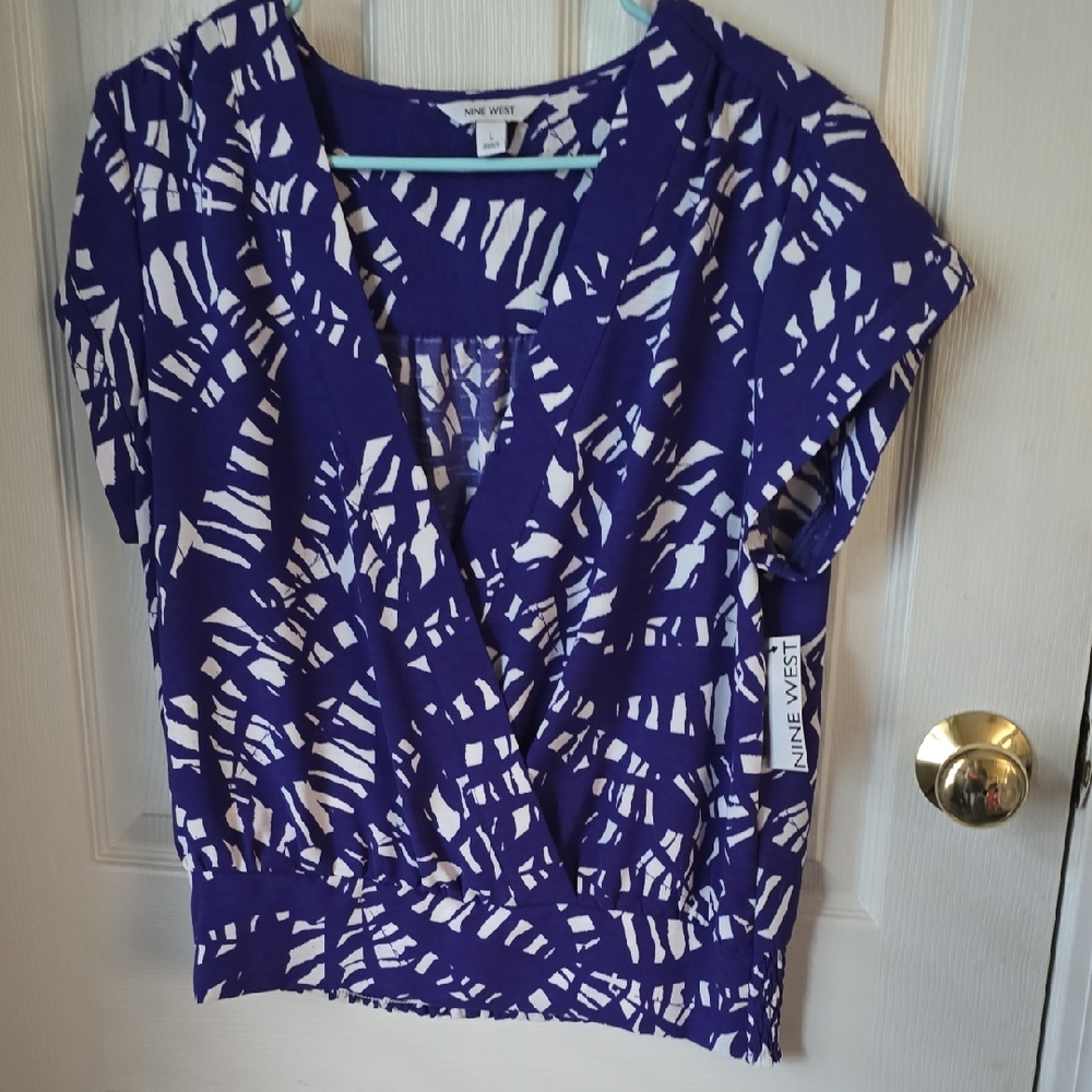 Nine West Purple and White Printed Wrap-Style Blouse